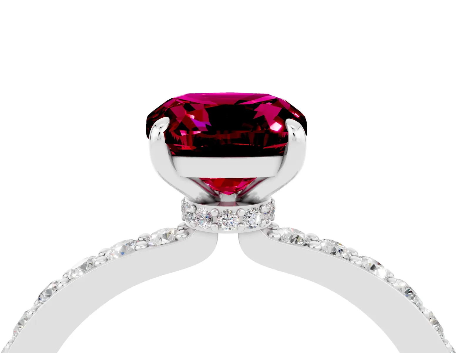 Cushion Cut Garnet Solitaire Engagement Ring with Pavé Band and Four-Prong Setting Platinum