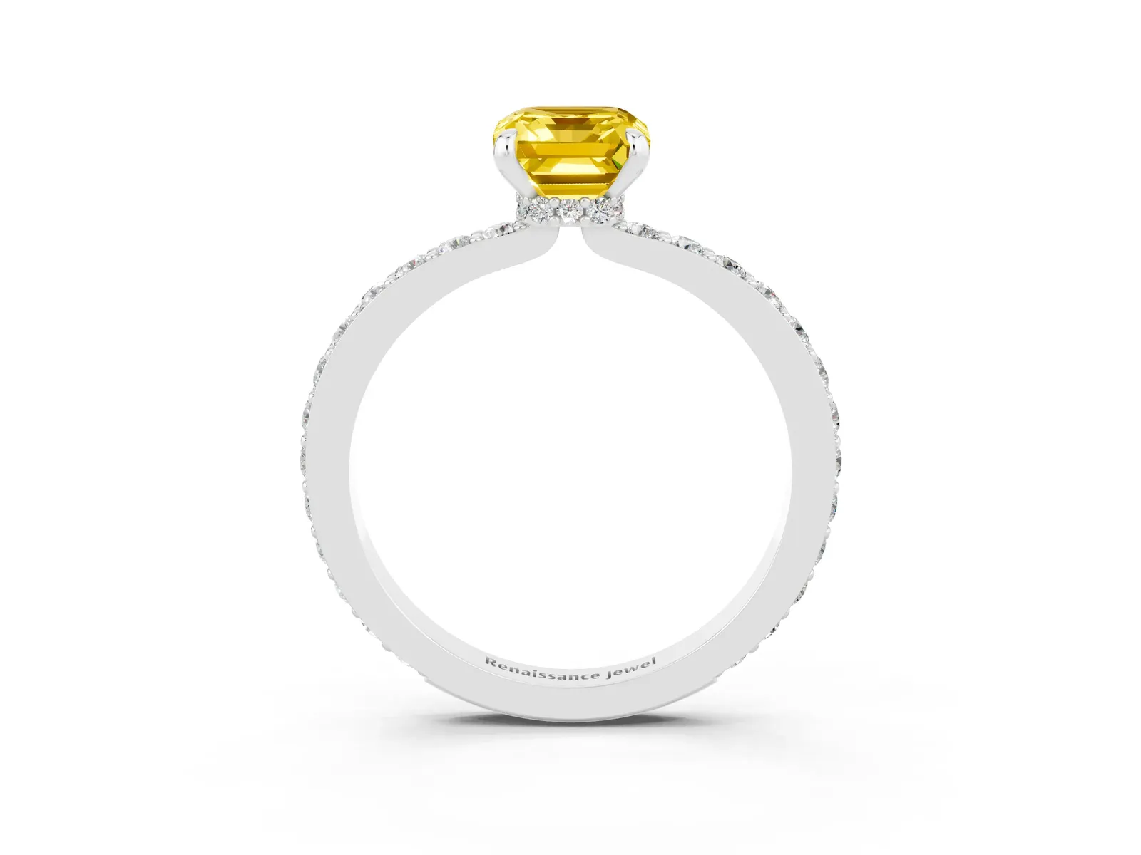 Emerald Cut Yellow Sapphire Solitaire Engagement Ring with Pavé Band and Four-Prong Setting Platinum