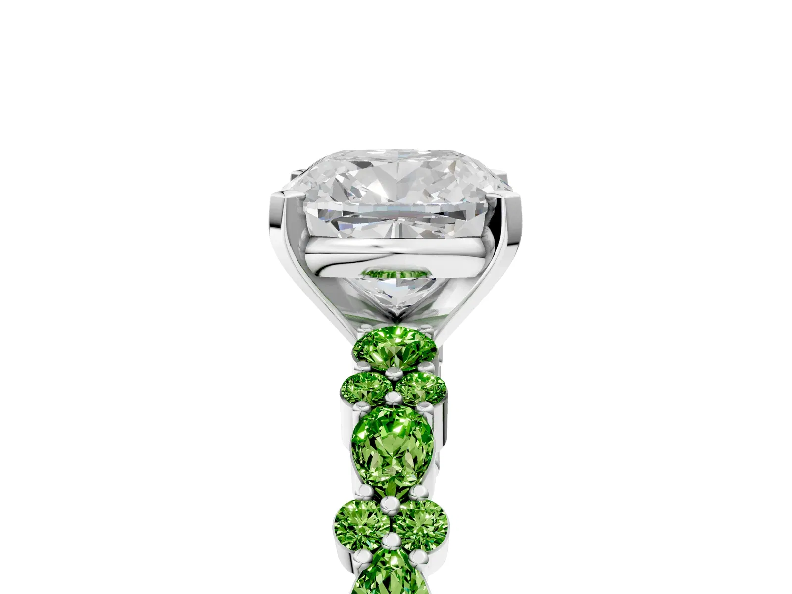 Cushion Cut Diamond Side Stone Solitaire Ring with Round Peridot and Four-Prong Setting Platinum