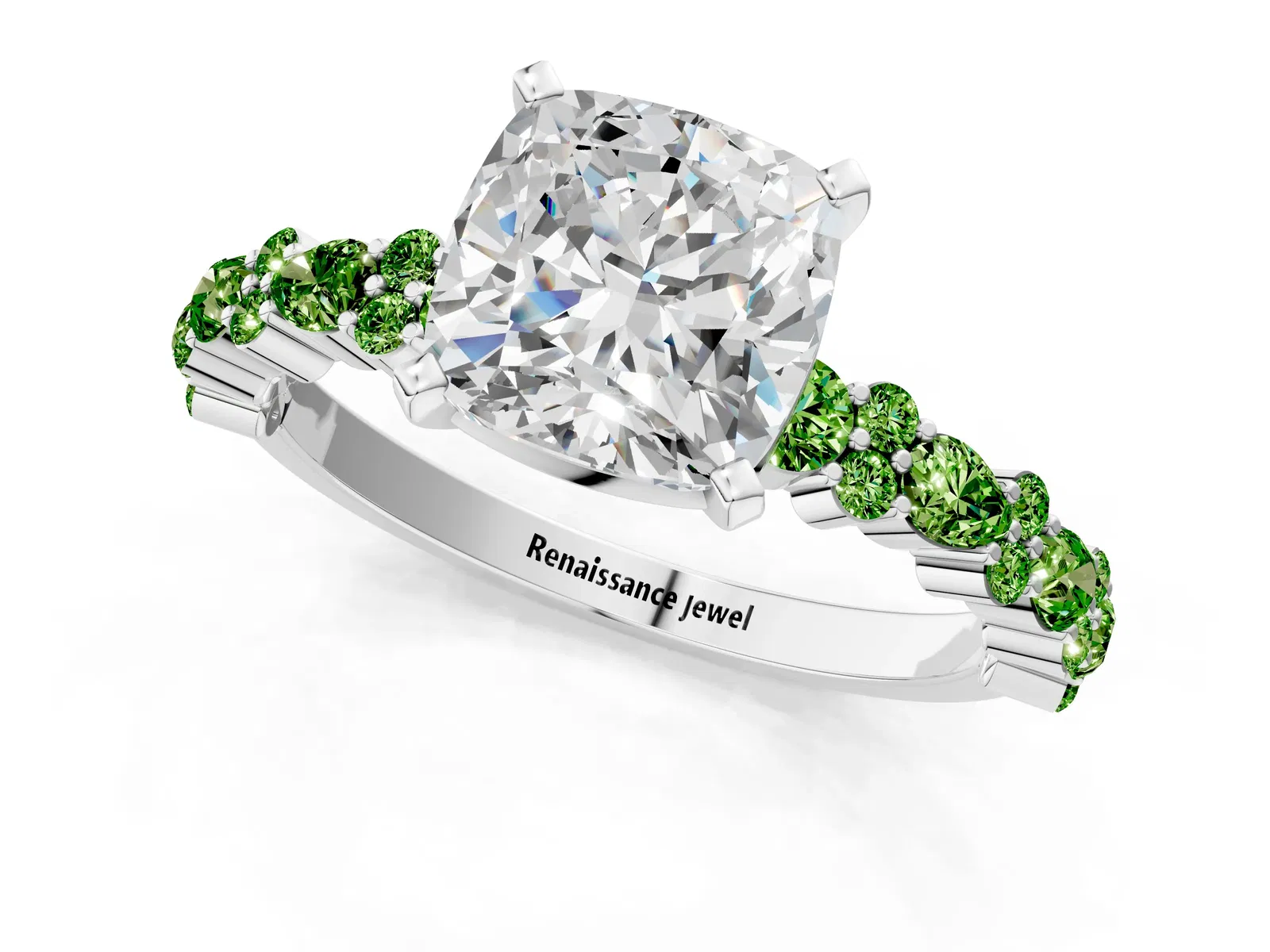 Cushion Cut Diamond Side Stone Solitaire Ring with Round Peridot and Four-Prong Setting Platinum