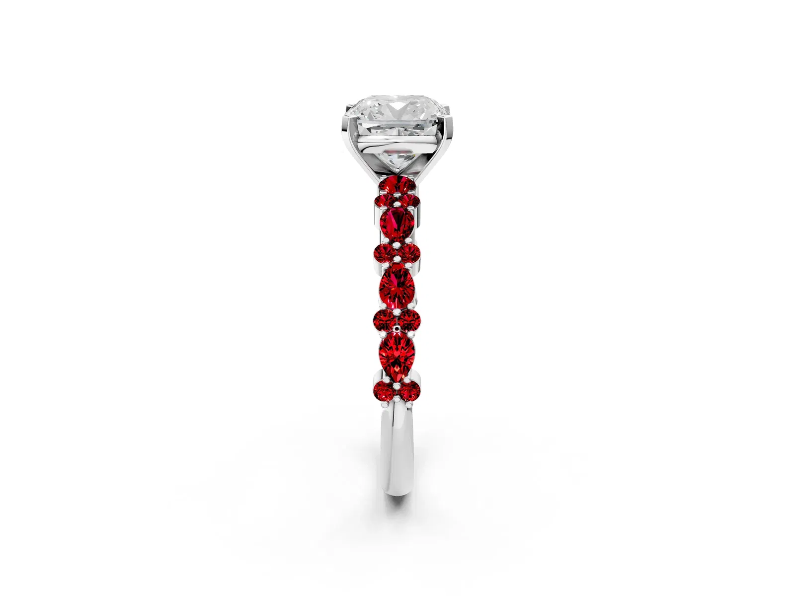 Cushion Cut Diamond Side Stone Solitaire Ring with Round Ruby and Four-Prong Setting Platinum