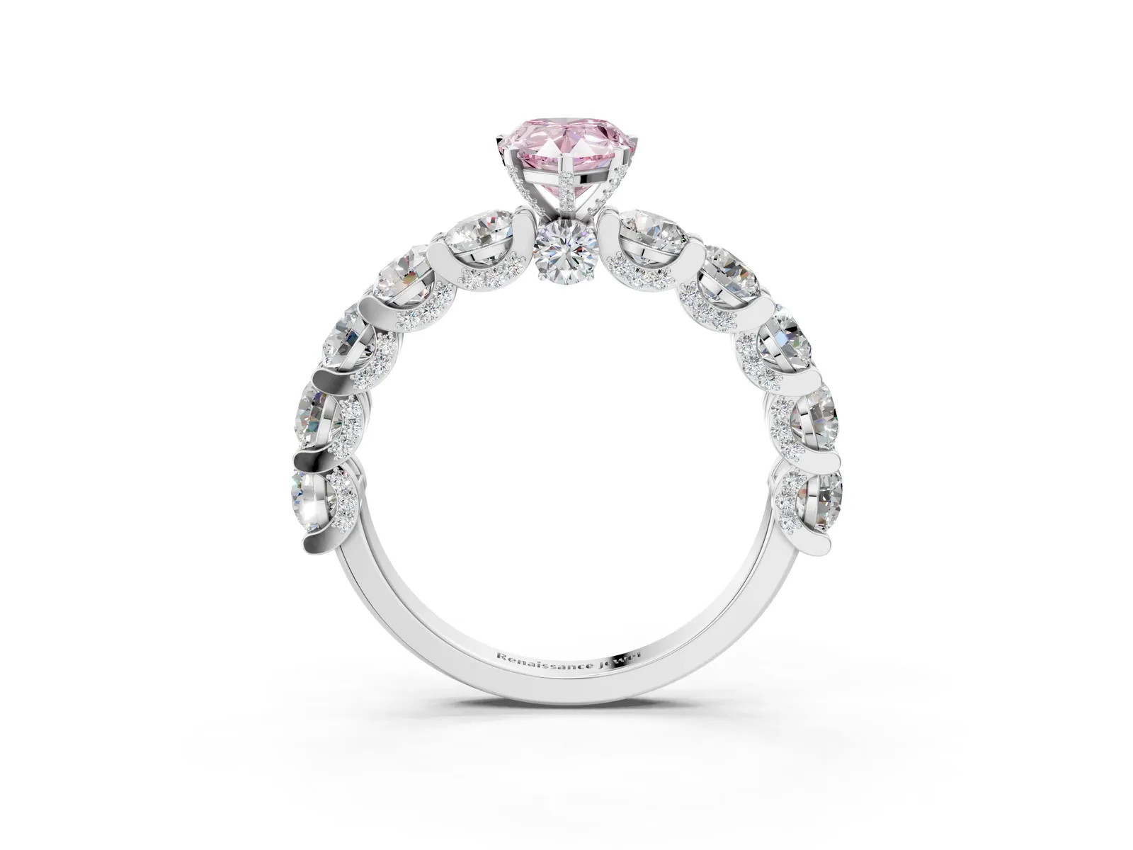 Fancy Pink Pear Cut Diamond Side Stone Engagement Ring with Four-Prong Setting Platinum