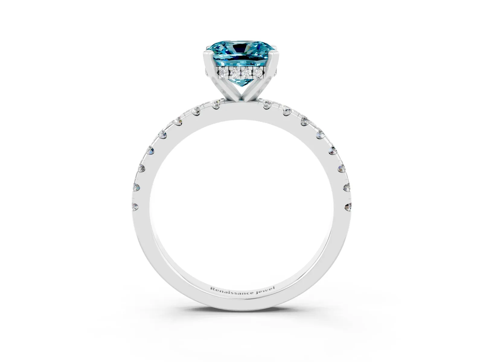 Cushion Cut Blue Topaz Solitaire Ring with Round Pavé Band and Four-Prong Setting Platinum