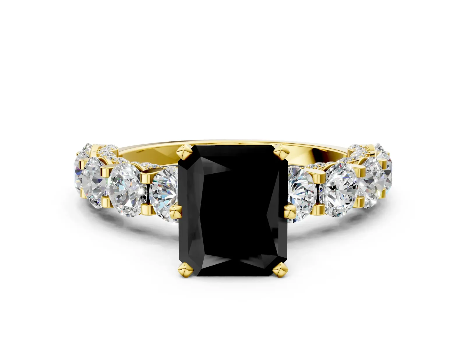 Fancy Black Radiant Cut Diamond Side Stone Engagement Ring with Four-Prong Setting Yellow gold