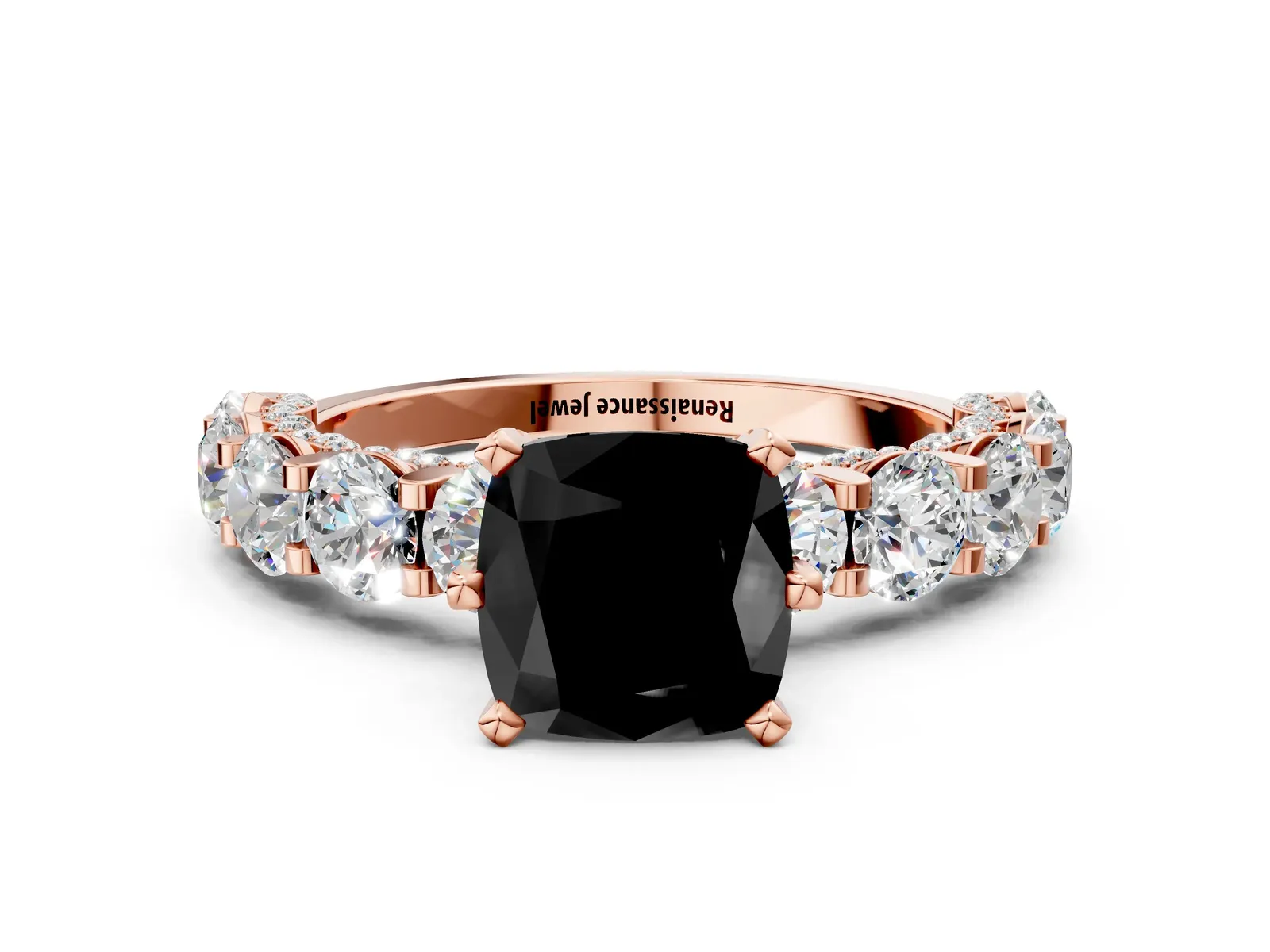 Fancy Black Cushion Cut Diamond Side Stone Engagement Ring with Four-Prong Setting Rose gold