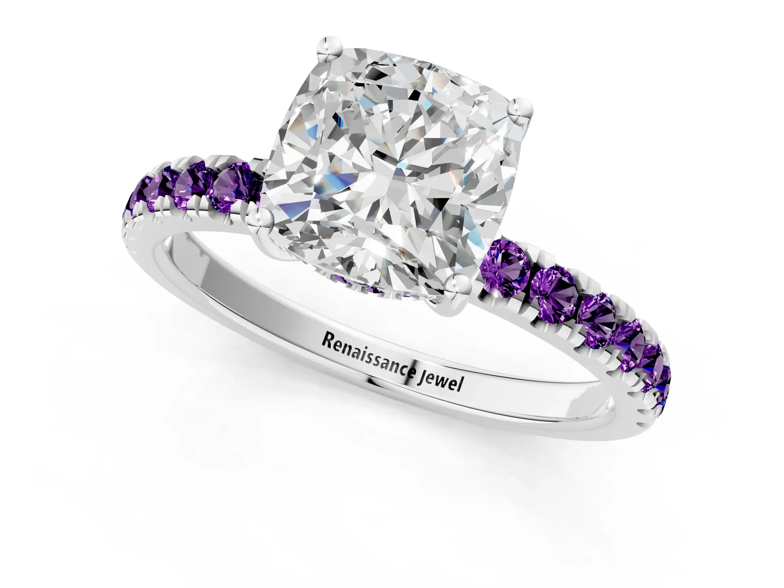 Cushion Cut Diamond Pave Band Solitaire Ring with Round Amethyst and Prong Setting Platinum