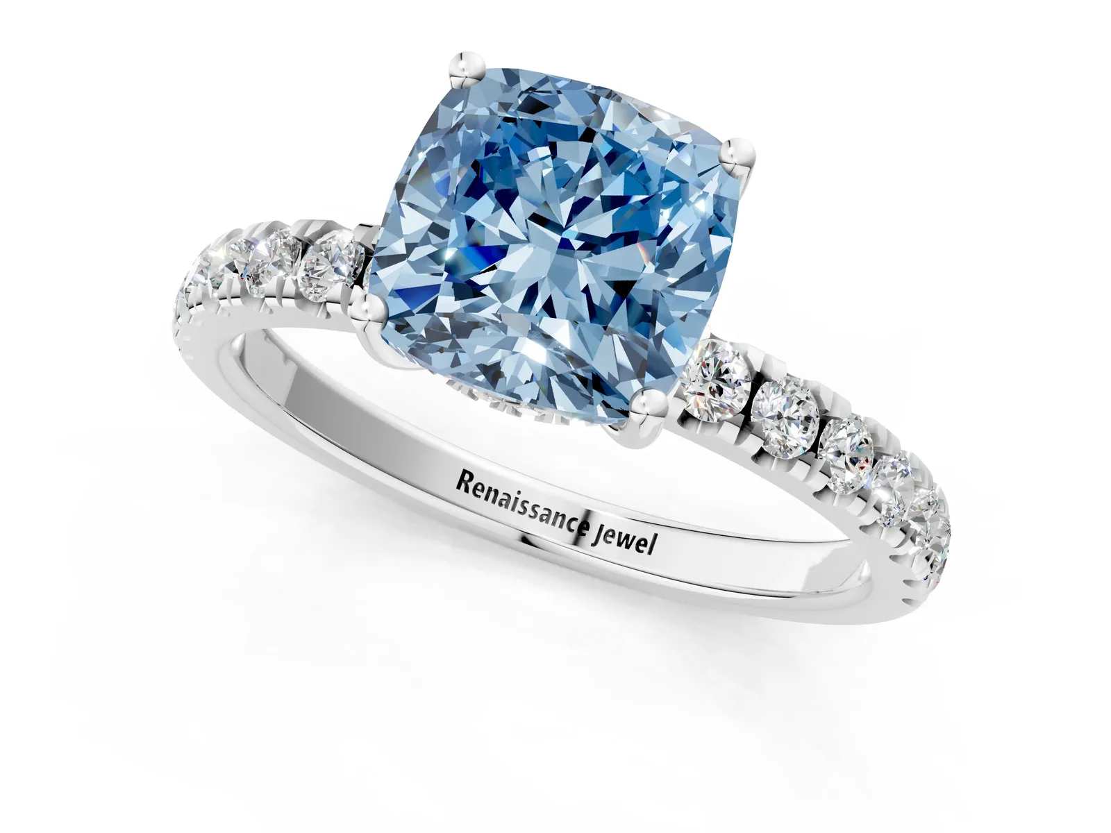 Fancy Blue Cushion Cut Diamond Pave Band Solitaire Ring with Round and Prong Setting Platinum