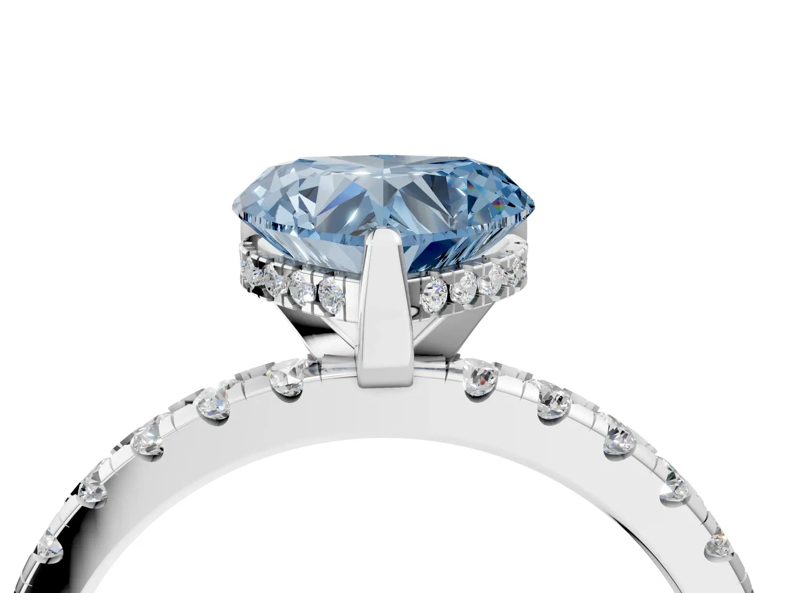 Fancy Blue Heart Cut Diamond Solitaire Ring with Round Pavé Band and Four-Prong Setting Platinum