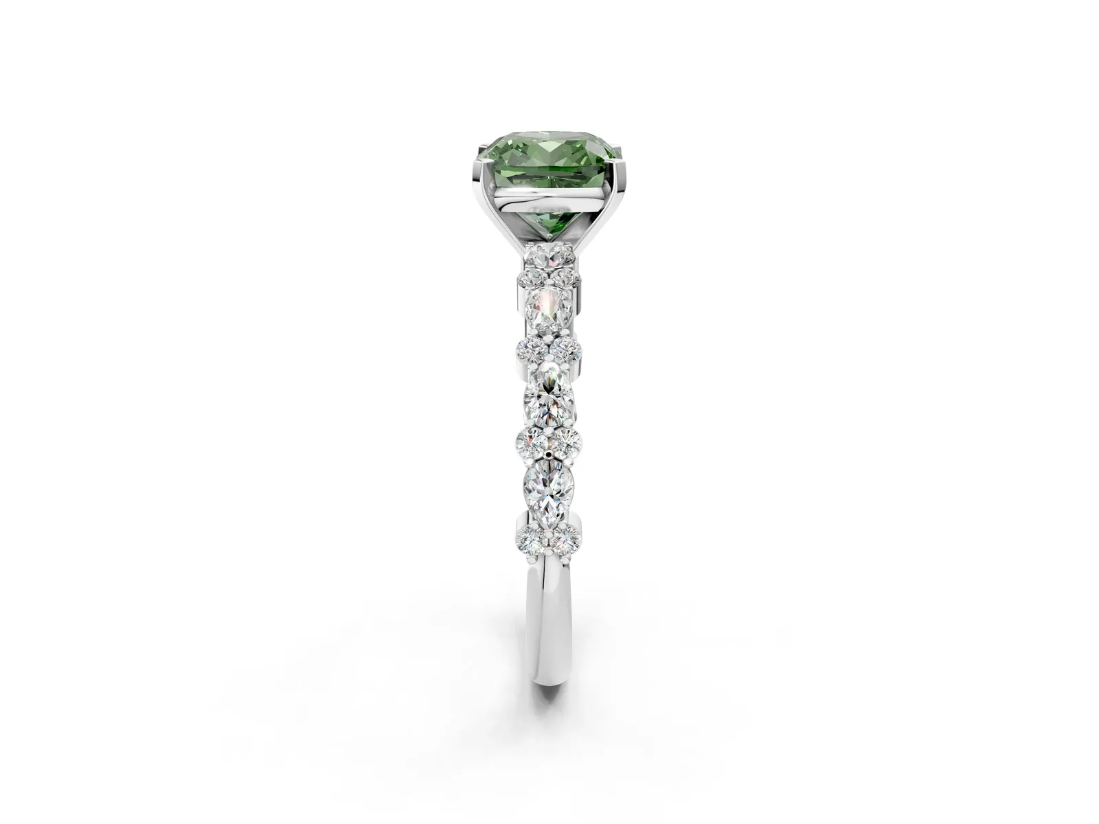 Fancy Green Cushion Cut Diamond Side Stone Solitaire Ring with Round and Four-Prong Setting Platinum