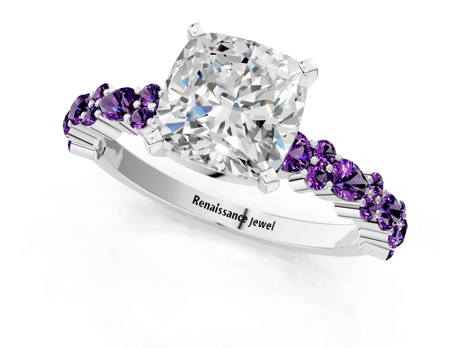 Cushion Cut Diamond Side Stone Solitaire Ring with Round Amethyst and Four-Prong Setting Platinum