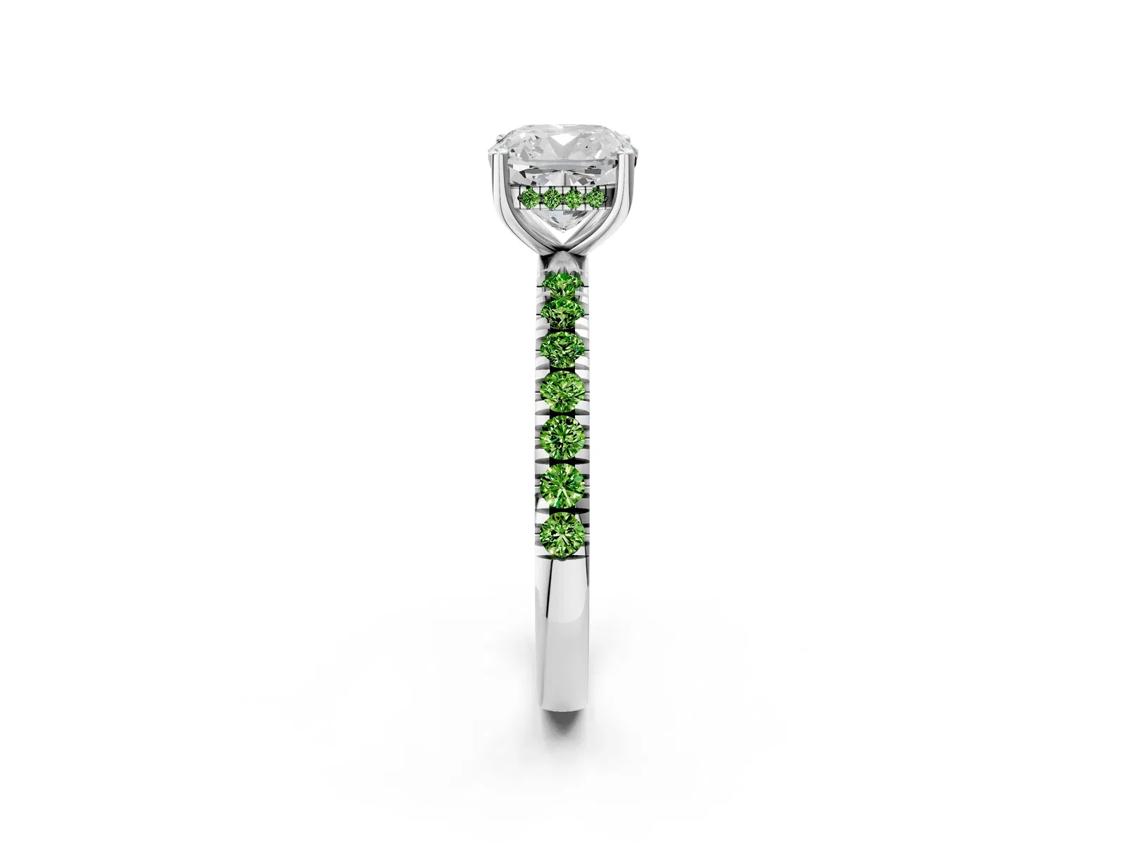 Cushion Cut Diamond Pave Band Solitaire Ring with Round Peridot and Prong Setting Platinum