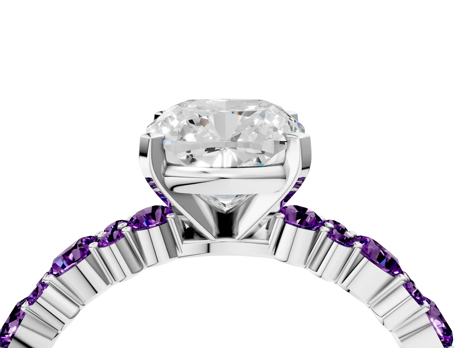 Cushion Cut Diamond Side Stone Solitaire Ring with Round Amethyst and Four-Prong Setting Platinum