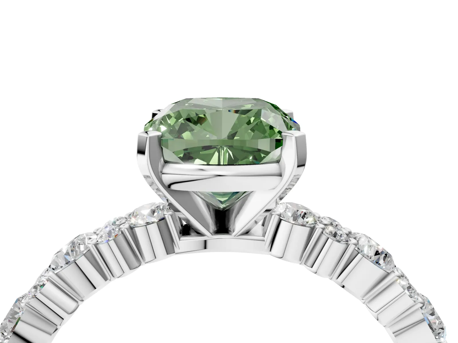 Fancy Green Cushion Cut Diamond Side Stone Solitaire Ring with Round and Four-Prong Setting Platinum