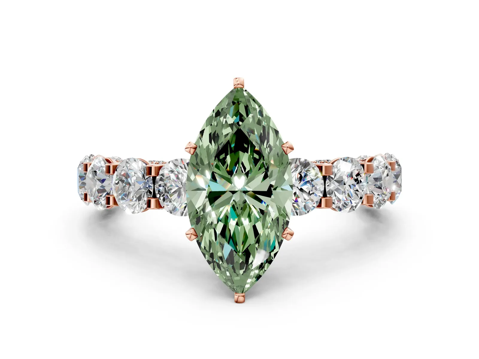 Fancy Green Marquise Cut Diamond Side Stone Engagement Ring with Four-Prong Setting Rose gold