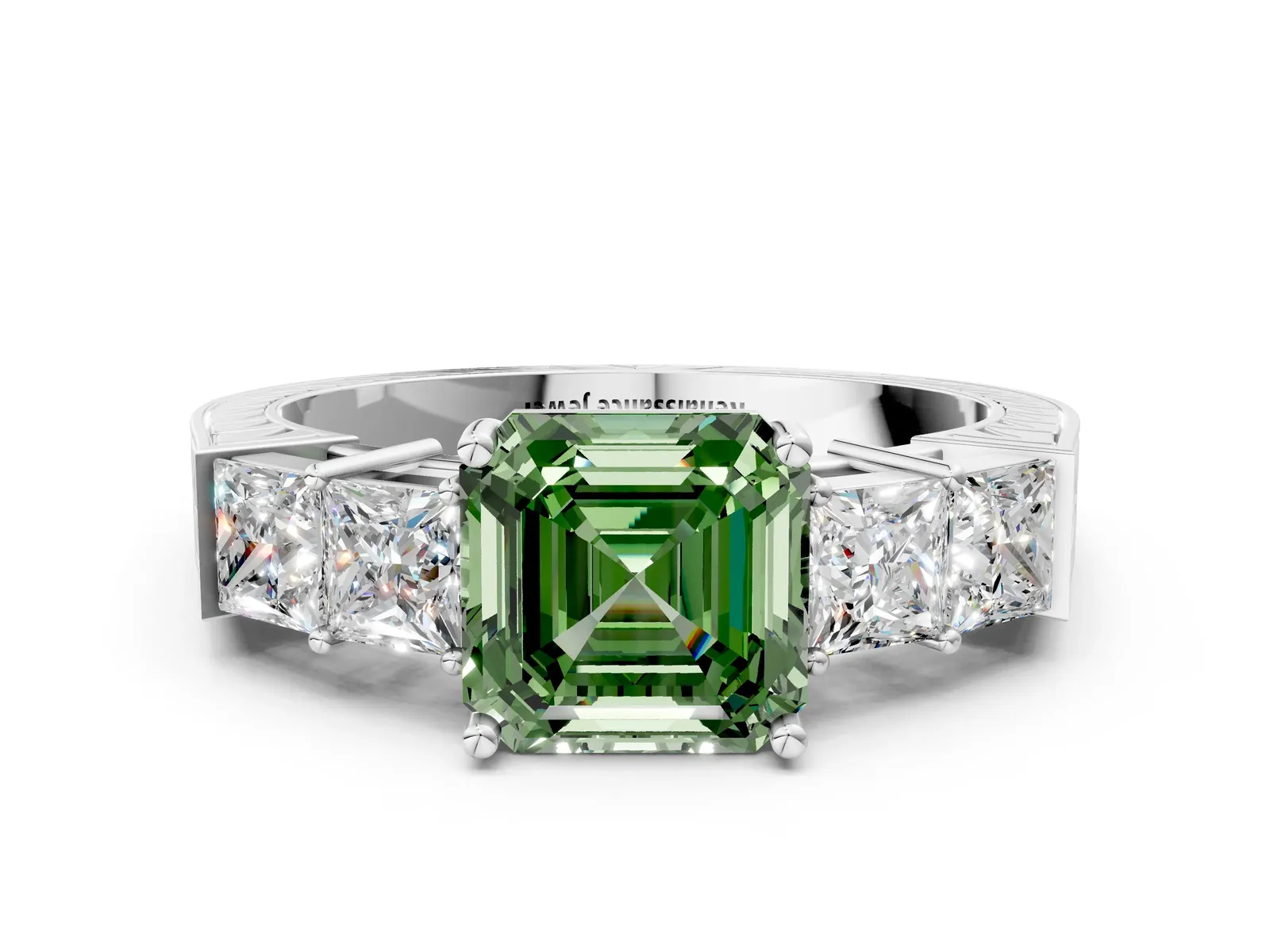 Fancy Green Asscher Cut Solitaire Princess Side Stone Engraved Band Prong Setting Ring Platinum