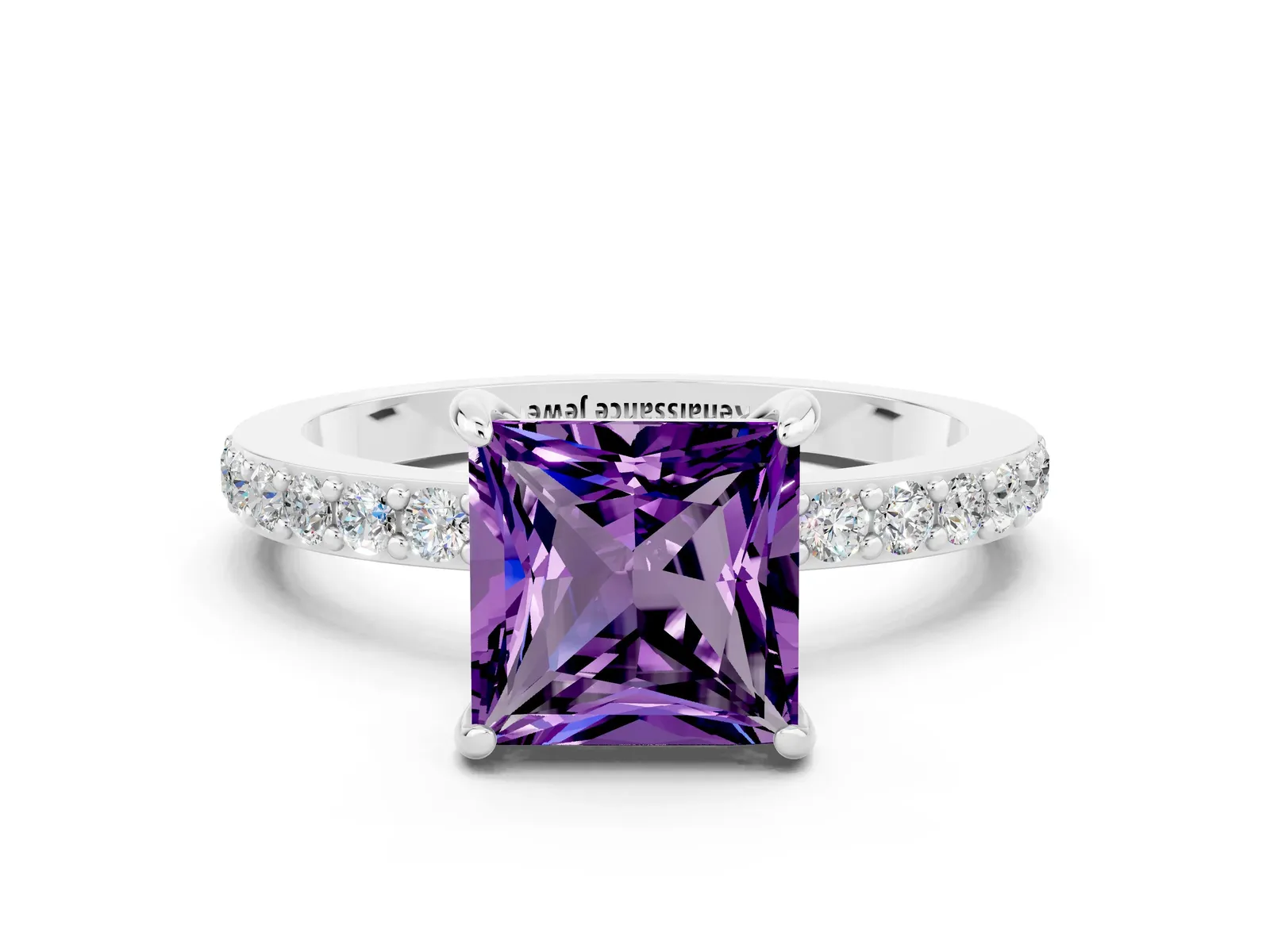 Princess Cut Amethyst Solitaire Engagement Ring with Pavé Band and Four-Prong Setting Platinum