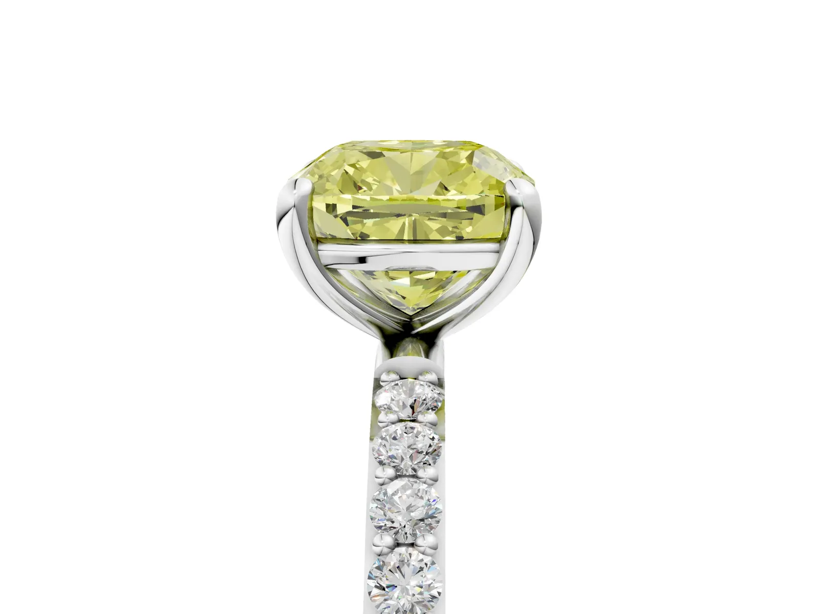 Fancy Yellow Cushion Cut Diamond Solitaire Ring with Round Pavé Band and Prong Setting Platinum