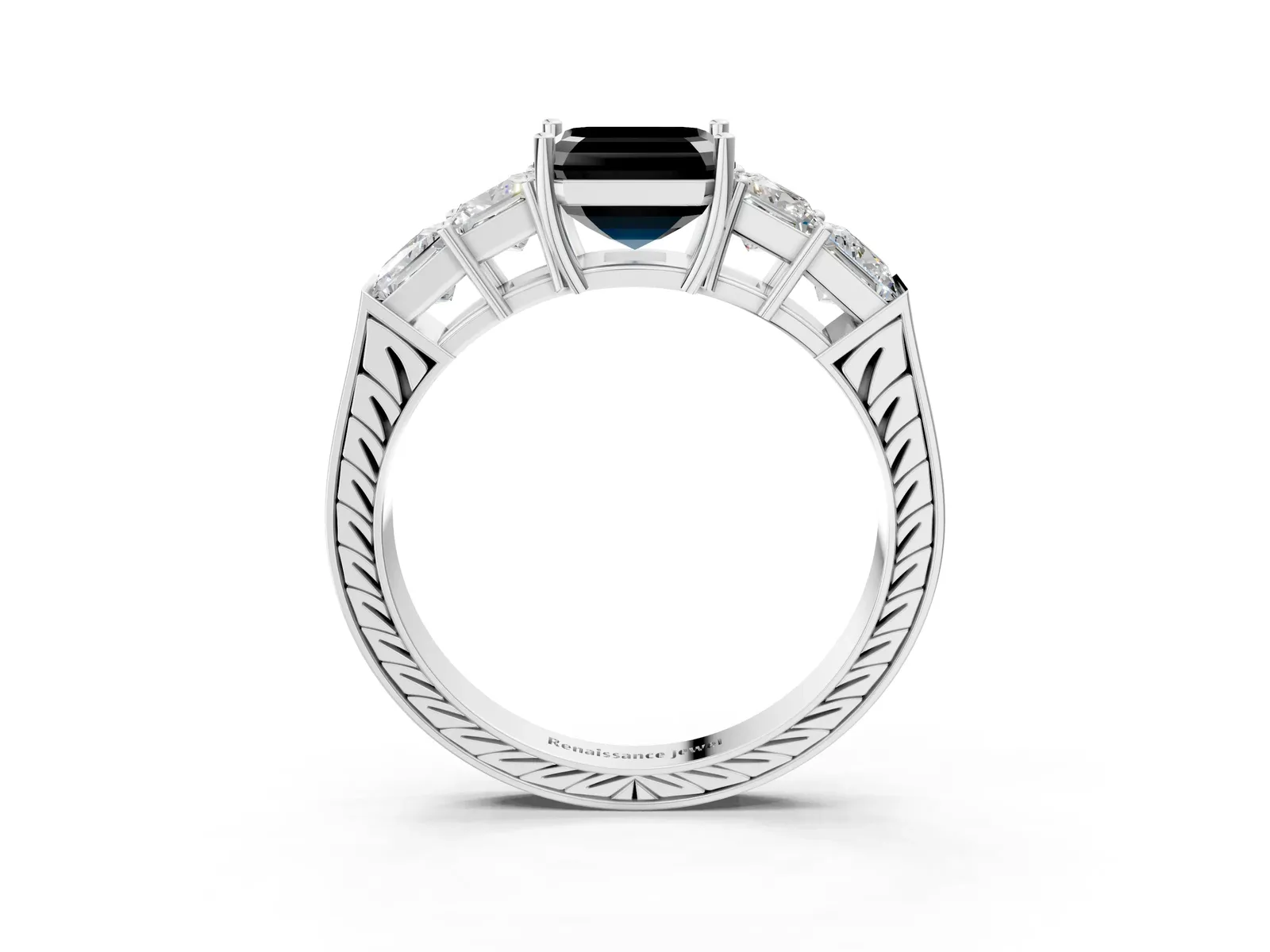 Fancy Black Asscher Cut Solitaire Princess Side Stone Engraved Band Prong Setting Ring Platinum