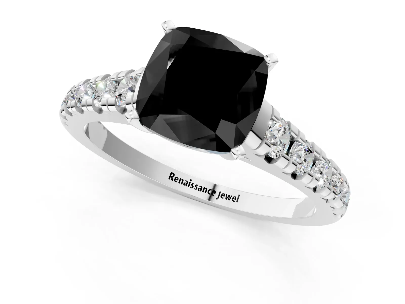 Fancy Black Cushion Cut Diamond Cathedral Solitaire Ring with Round Pavé Band Platinum
