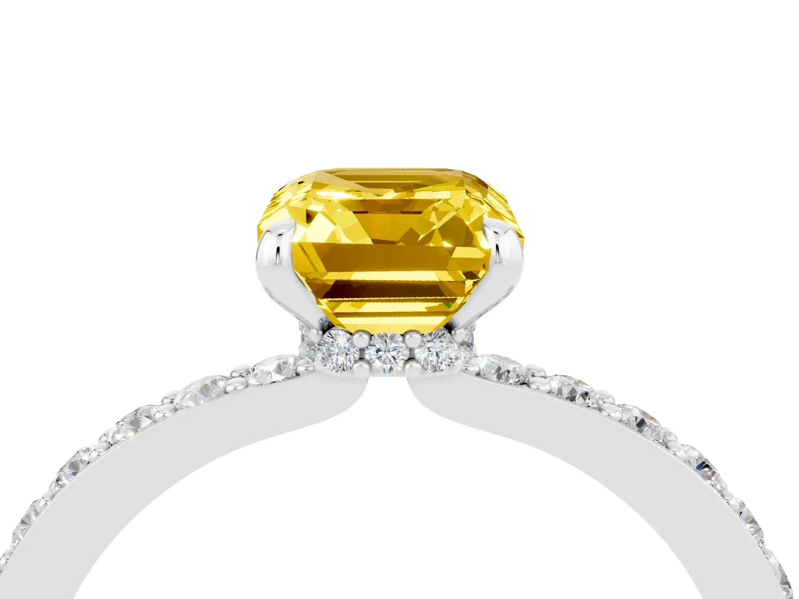 Emerald Cut Yellow Sapphire Solitaire Engagement Ring with Pavé Band and Four-Prong Setting Platinum