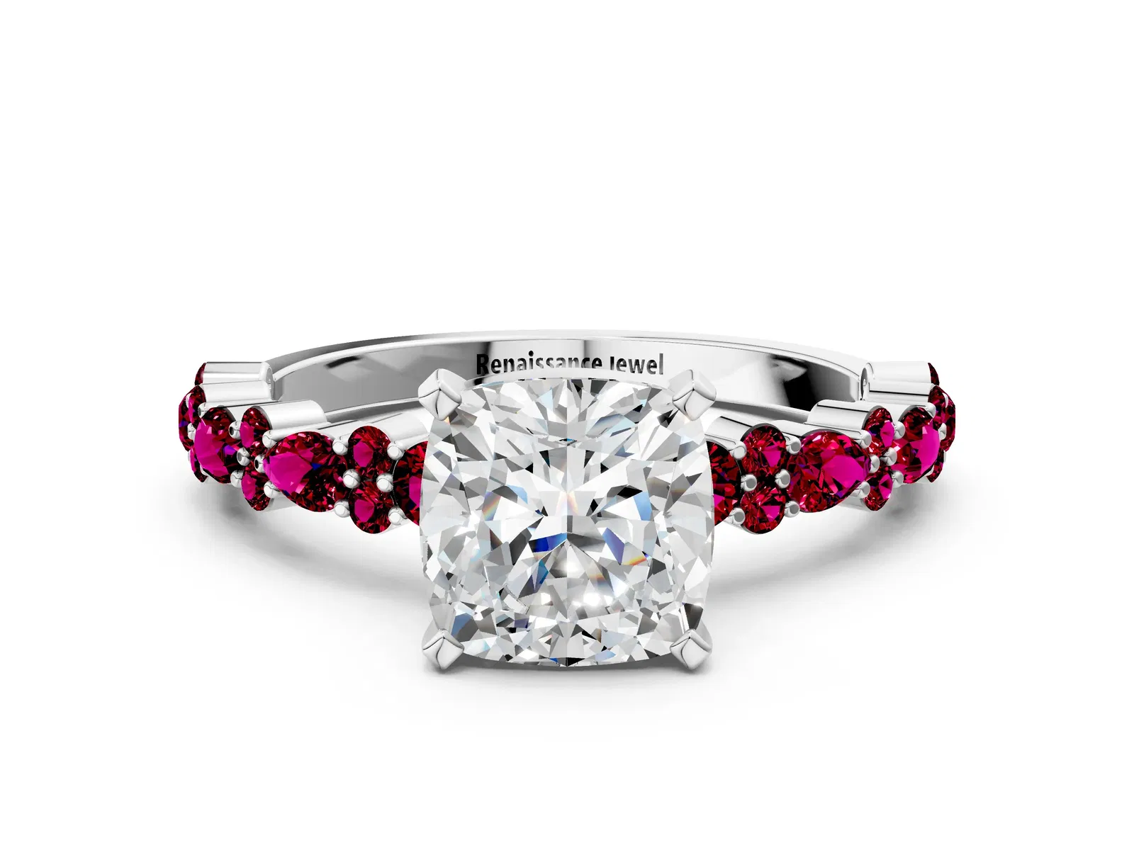 Cushion Cut Diamond Side Stone Solitaire Ring with Round Garnet and Four-Prong Setting Platinum