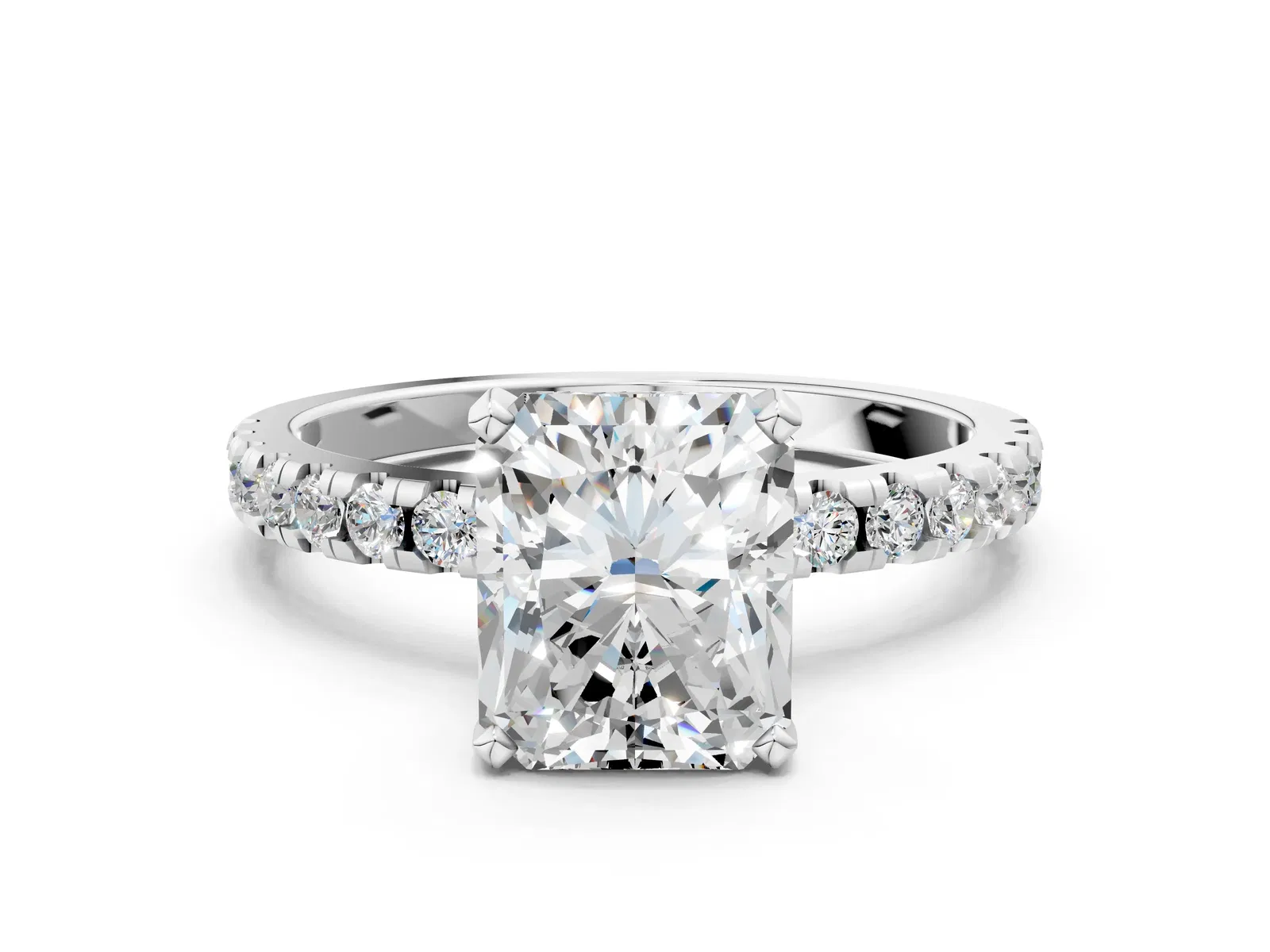 Radiant Cut Diamond Solitaire Ring with Round Pavé Band and Four-Prong Setting Platinum