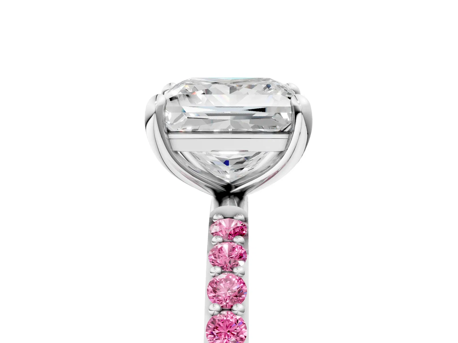 Princess Cut Diamond Solitaire Ring with Round Pink Sapphire Pavé Band and Prong Setting Platinum