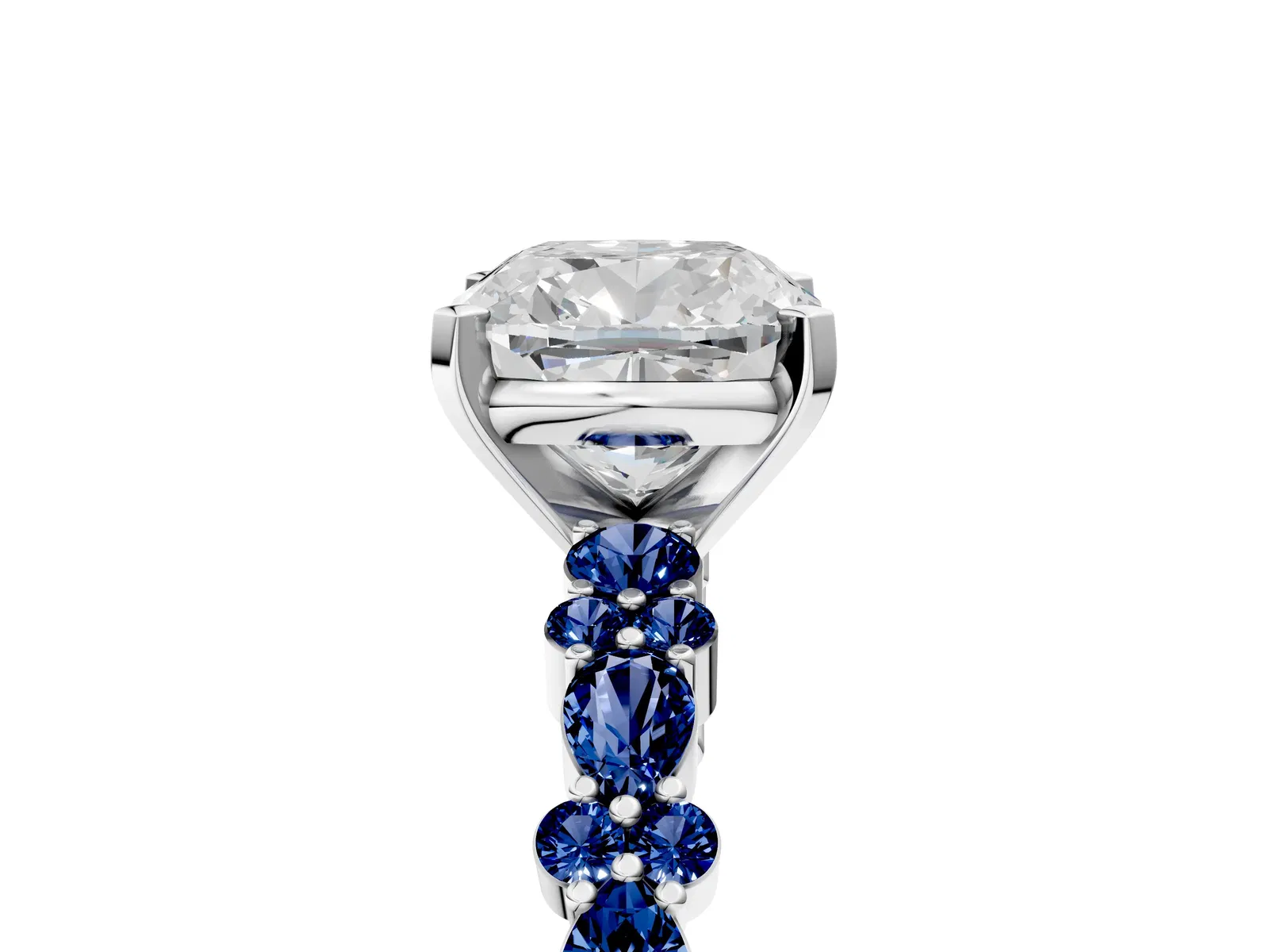 Cushion Cut Diamond Side Stone Solitaire Ring with Round Blue Sapphire and Four-Prong Setting Platinum