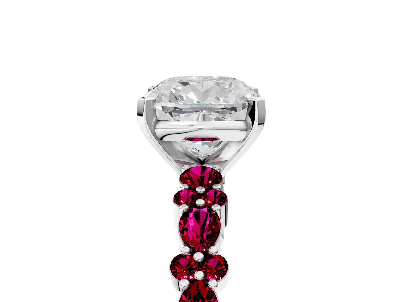 Cushion Cut Diamond Side Stone Solitaire Ring with Round Garnet and Four-Prong Setting Platinum