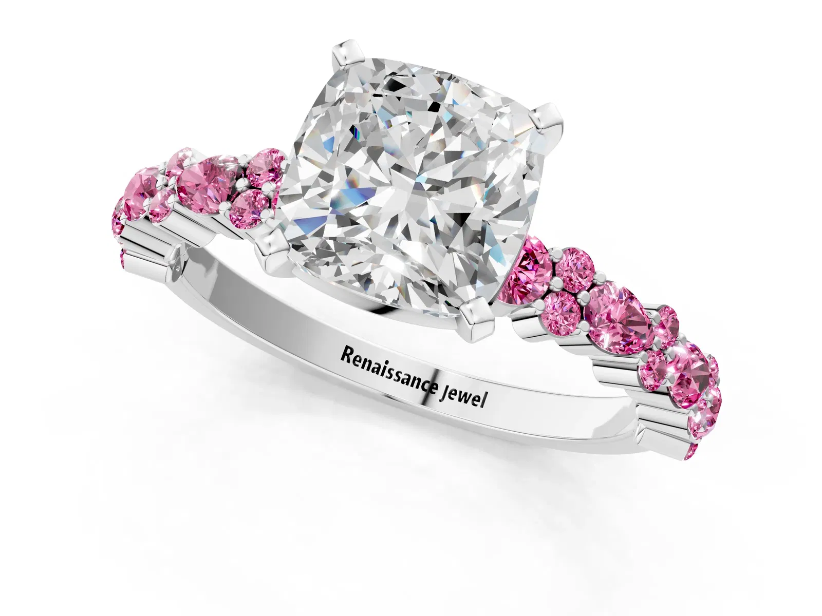 Cushion Cut Diamond Side Stone Solitaire Ring with Round Pink Sapphire and Four-Prong Setting Platinum
