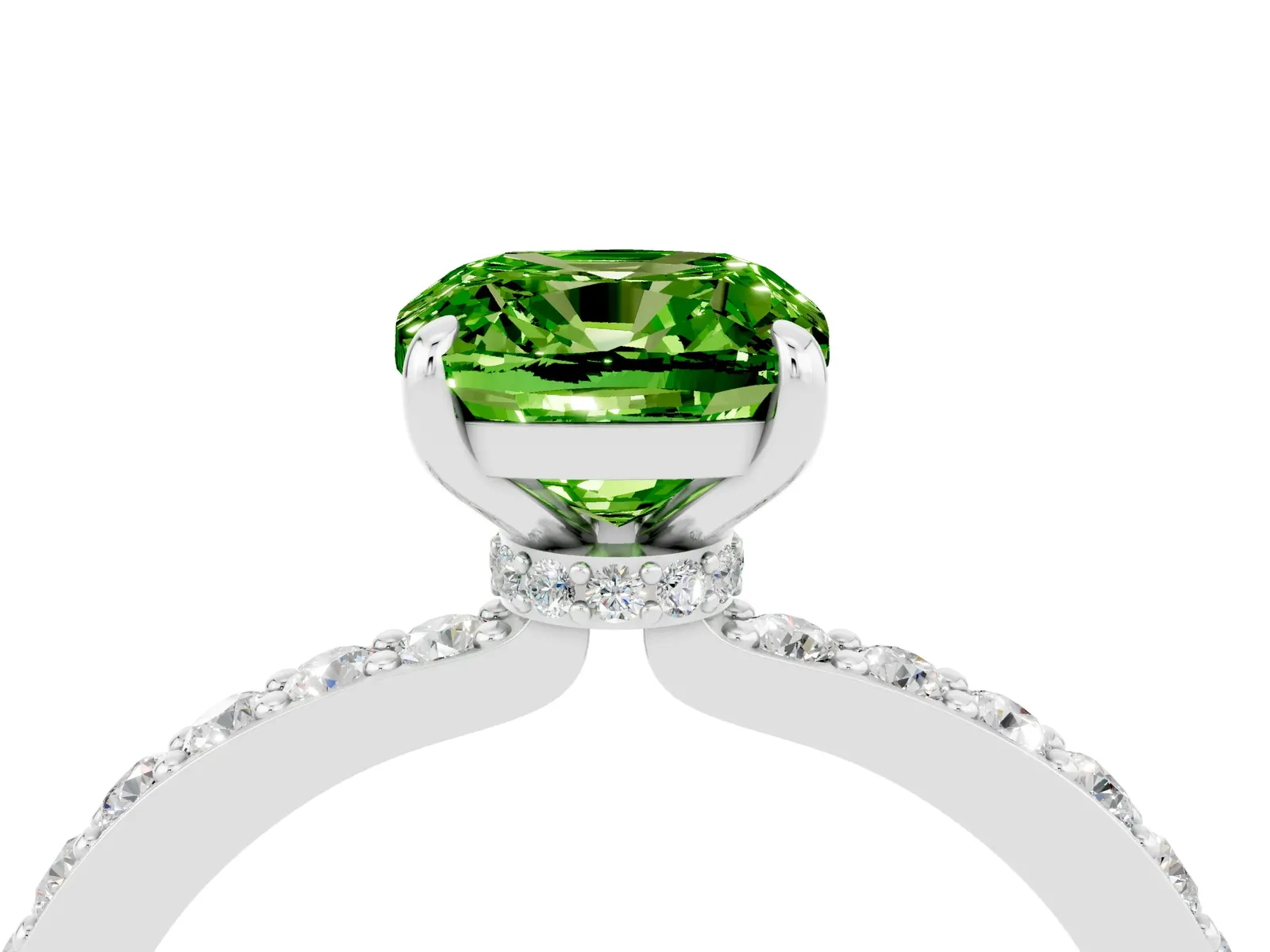 Cushion Cut Peridot Solitaire Engagement Ring with Pavé Band and Four-Prong Setting Platinum