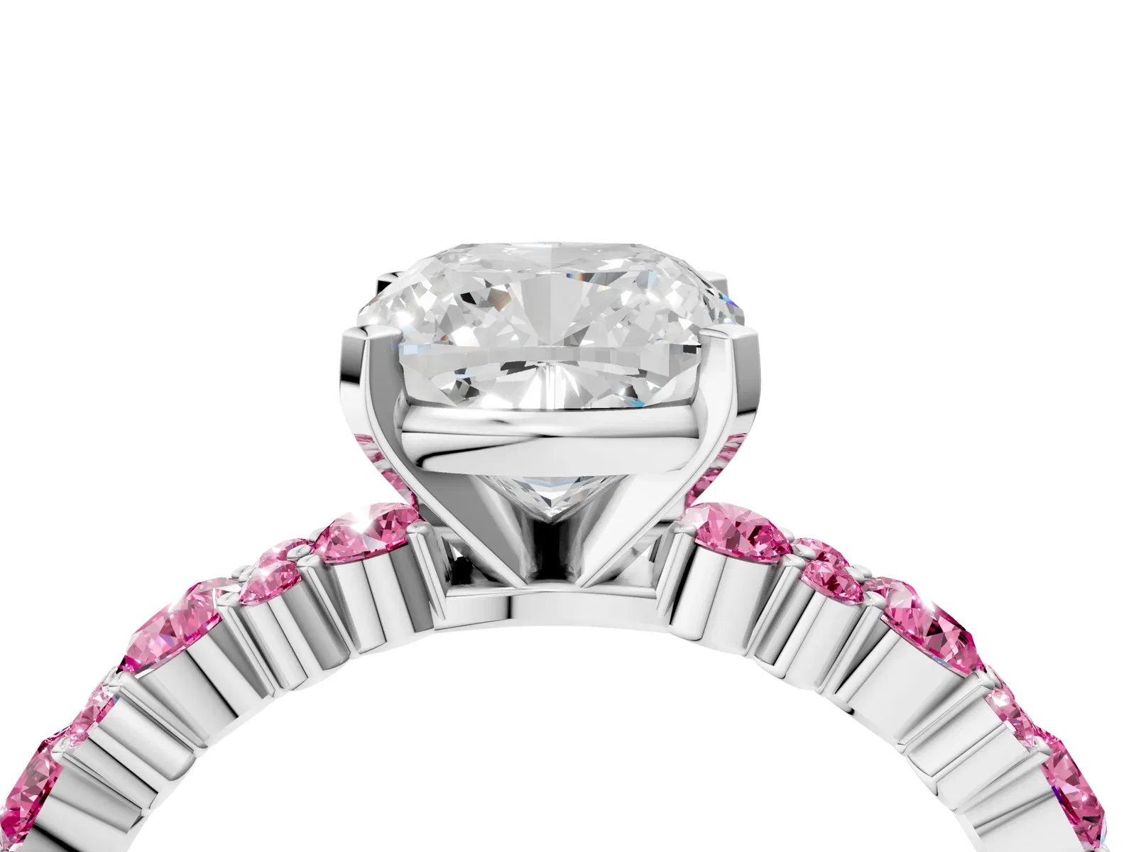 Cushion Cut Diamond Side Stone Solitaire Ring with Round Pink Sapphire and Four-Prong Setting Platinum
