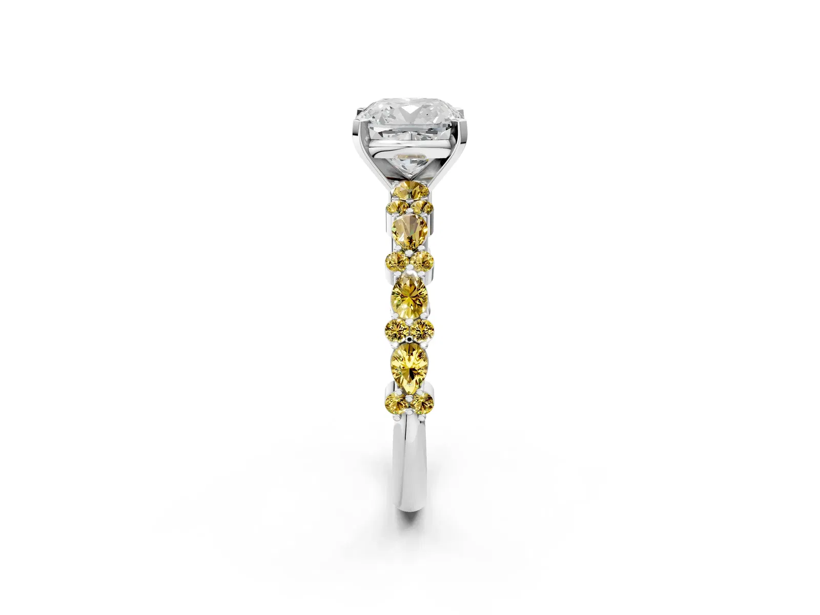 Cushion Cut Diamond Side Stone Solitaire Ring with Round Yellow Sapphire and Four-Prong Setting Platinum