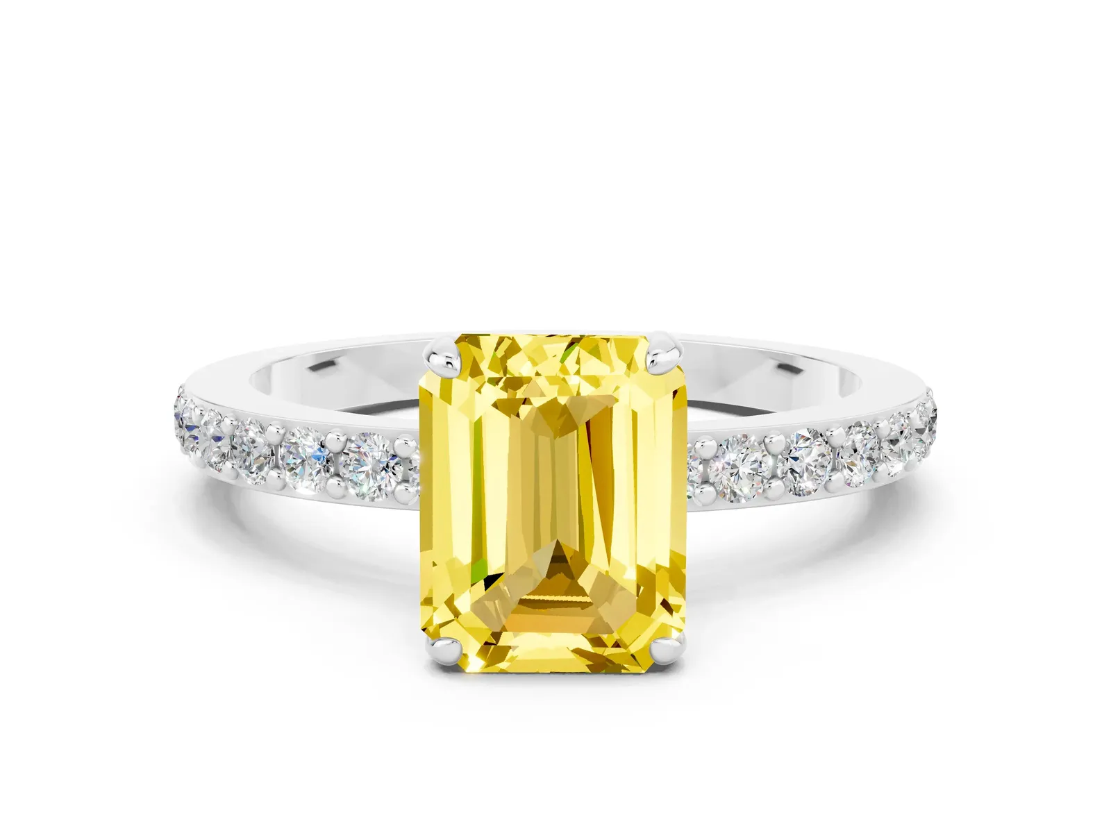 Emerald Cut Yellow Sapphire Solitaire Engagement Ring with Pavé Band and Four-Prong Setting Platinum
