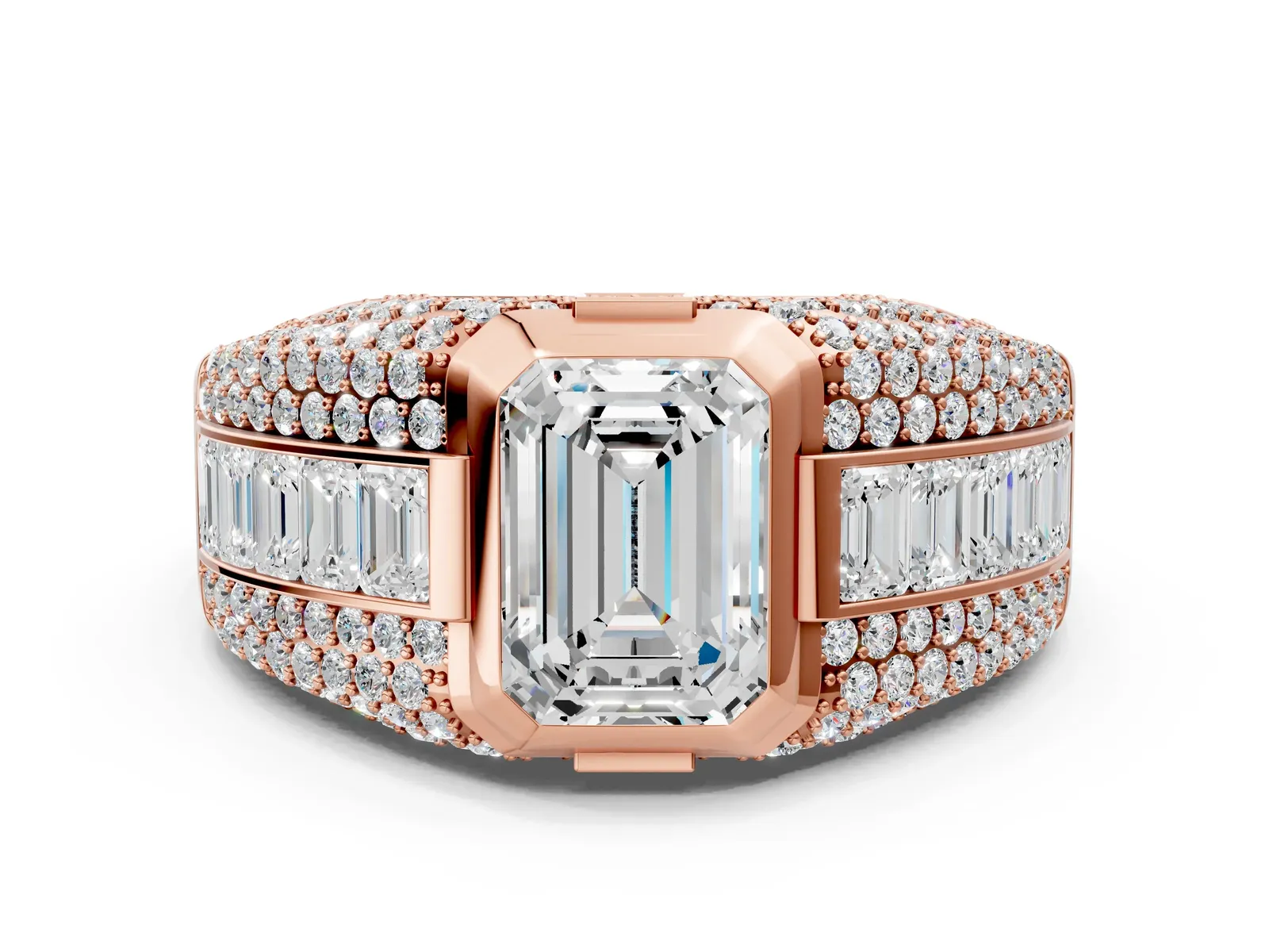 Emerald Cut Diamond Mens Ring with Side Stones Rose gold
