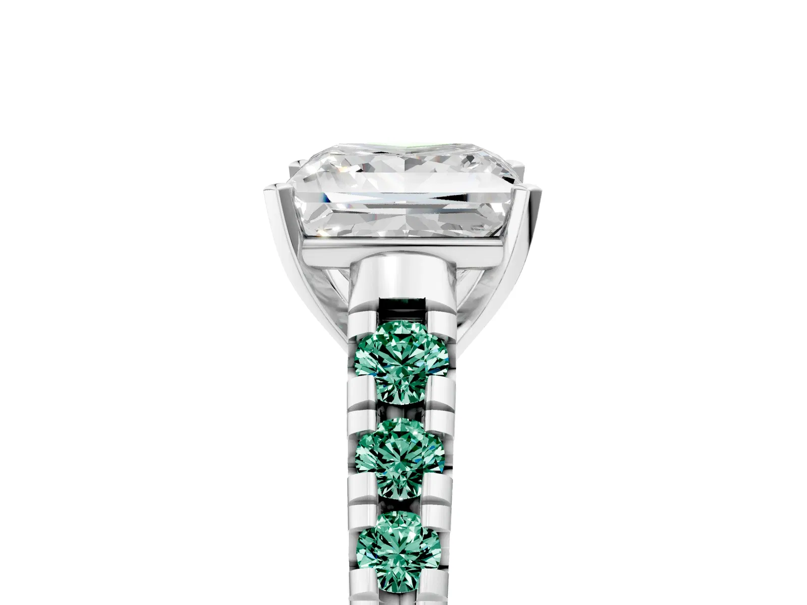 Princess Cut Diamond Cathedral Solitaire Ring with Round Green Sapphire Pavé Band Platinum
