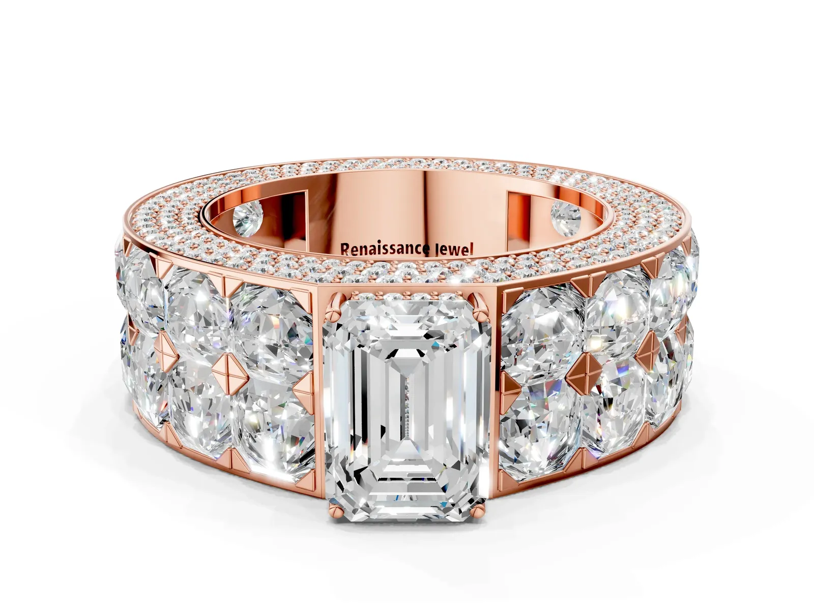 Emerald Cut Diamond Radiant Pavé Mens Ring Rose gold