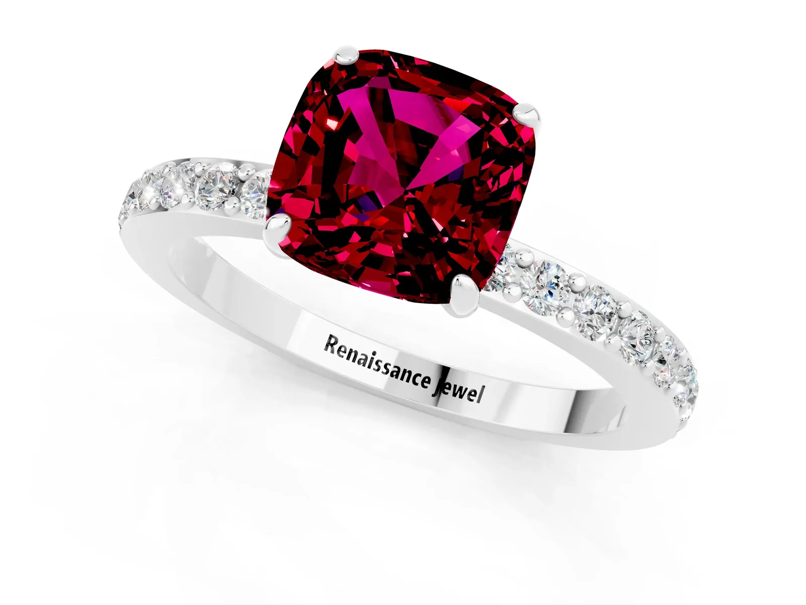 Cushion Cut Garnet Solitaire Engagement Ring with Pavé Band and Four-Prong Setting Platinum