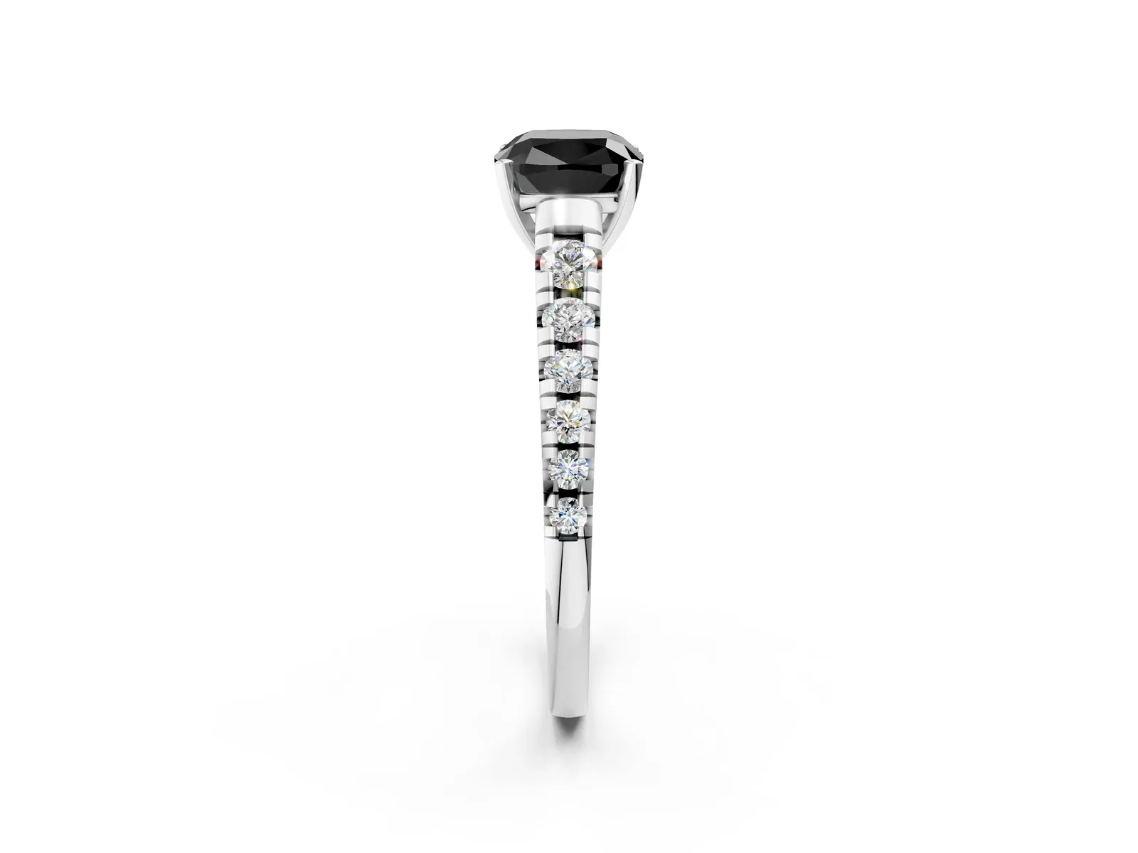 Fancy Black Cushion Cut Diamond Cathedral Solitaire Ring with Round Pavé Band Platinum