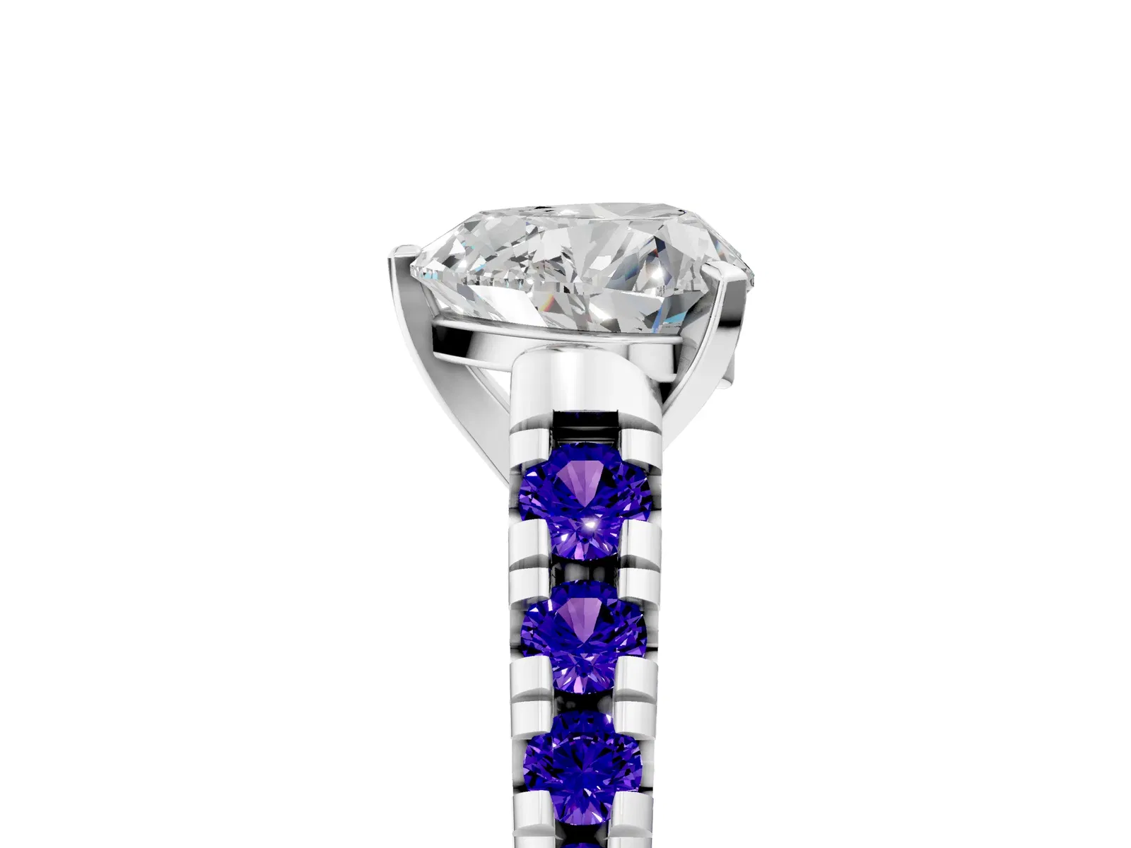 Heart Cut Diamond Cathedral Solitaire Ring with Round Tanzanite Pavé Band Platinum