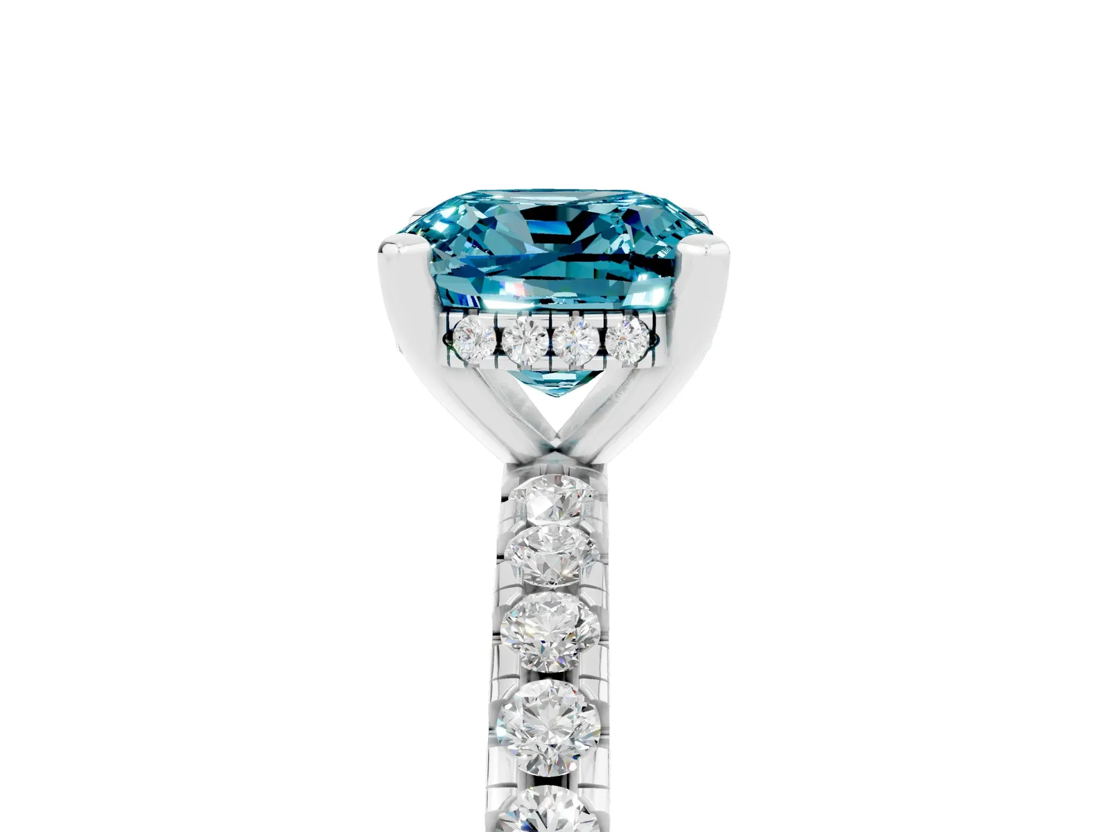 Cushion Cut Blue Topaz Solitaire Ring with Round Pavé Band and Four-Prong Setting Platinum