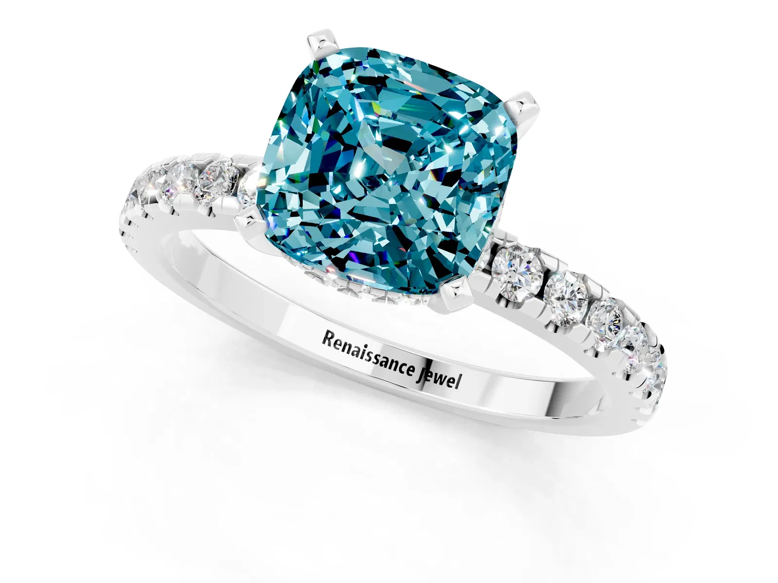 Cushion Cut Blue Topaz Solitaire Ring with Round Pavé Band and Four-Prong Setting Platinum