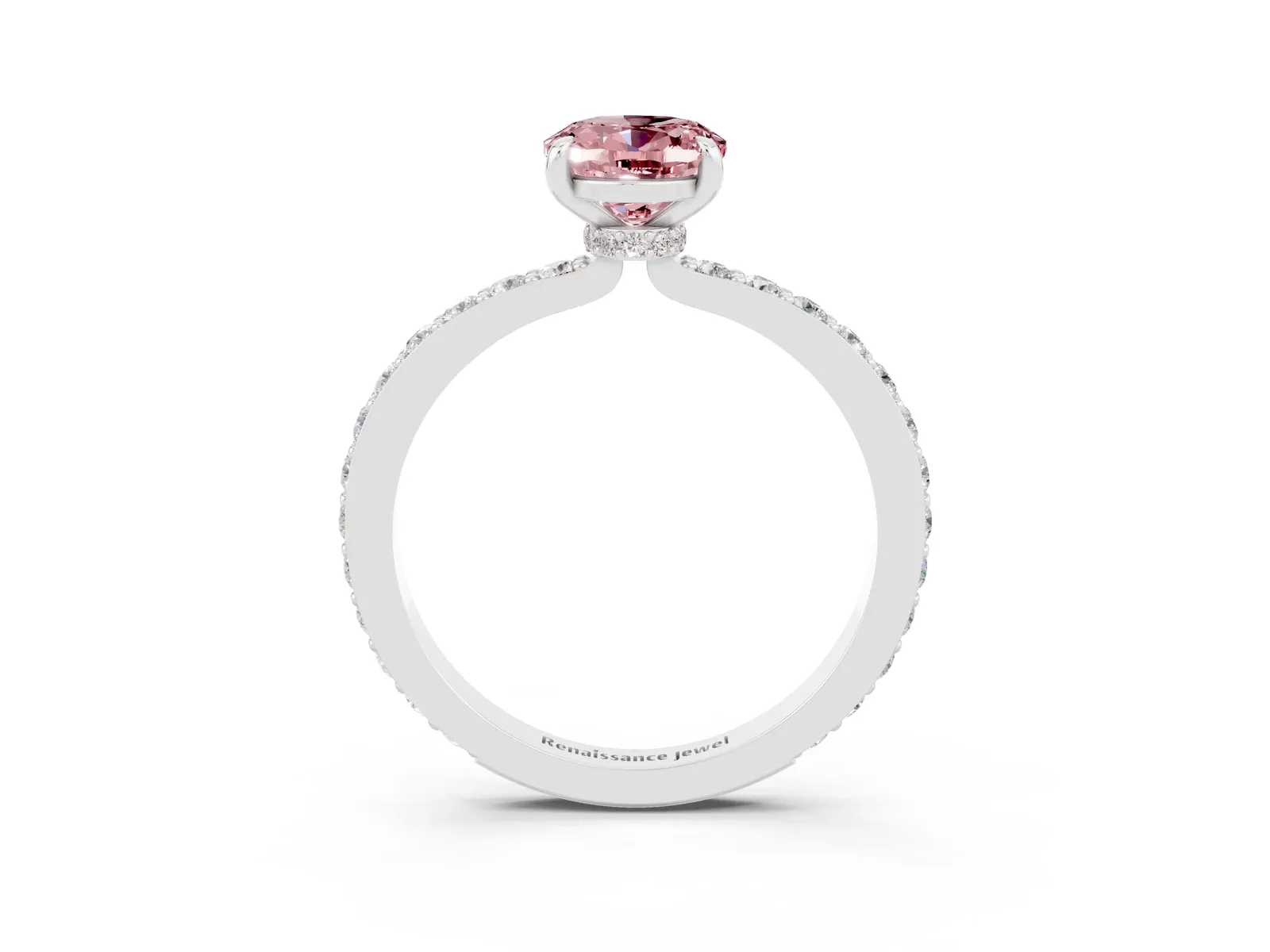 Oval Cut Morganite Solitaire Engagement Ring with Pavé Band and Four-Prong Setting Platinum