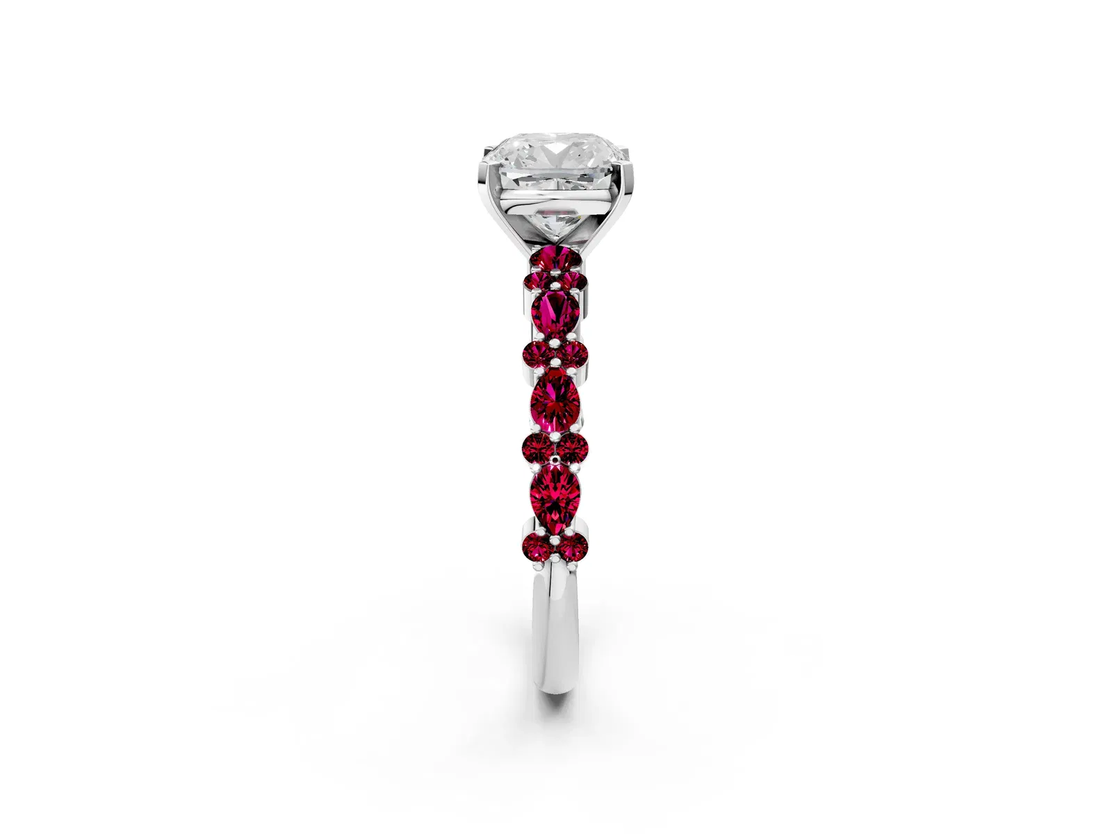Cushion Cut Diamond Side Stone Solitaire Ring with Round Garnet and Four-Prong Setting Platinum