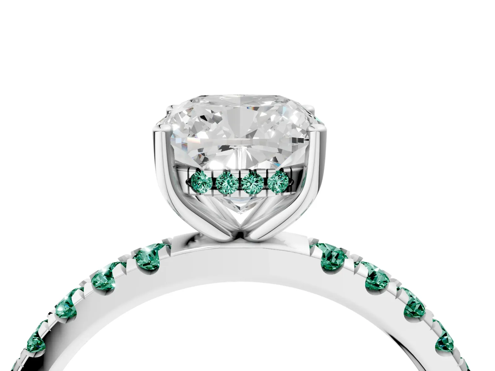Cushion Cut Diamond Pave Band Solitaire Ring with Round Green Sapphire and Prong Setting Platinum