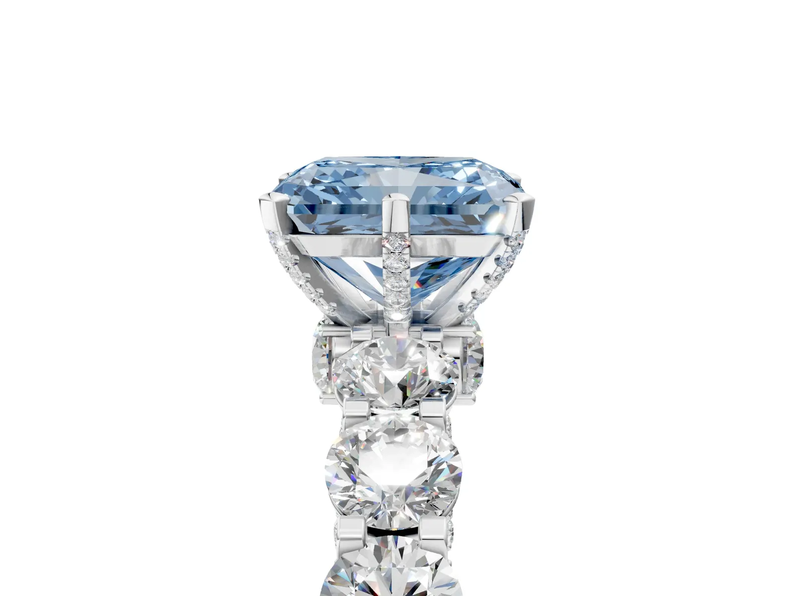 Fancy Blue Radiant Cut Diamond Side Stone Engagement Ring with Four-Prong Setting Platinum