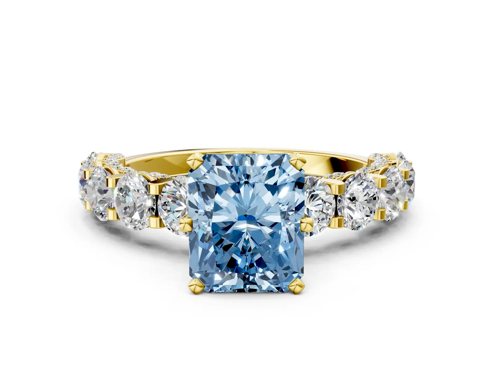 Fancy Blue Radiant Cut Diamond Side Stone Engagement Ring with Four-Prong Setting Yellow gold
