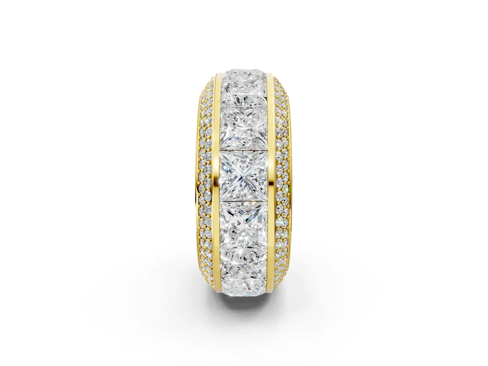 Princess Diamond Pavé Mens Wedding Band with Round Diamond Accents Yellow gold