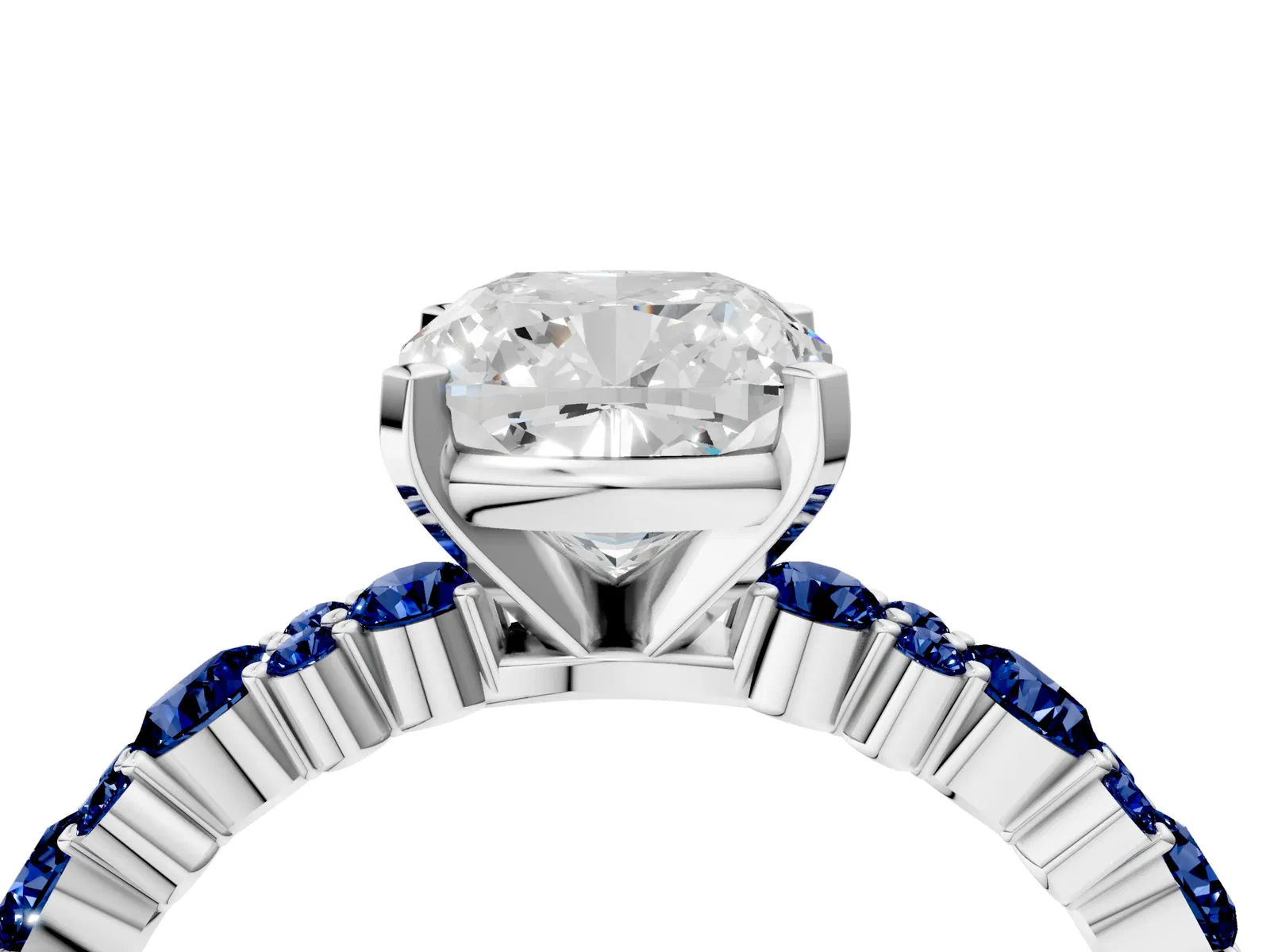 Cushion Cut Diamond Side Stone Solitaire Ring with Round Blue Sapphire and Four-Prong Setting Platinum