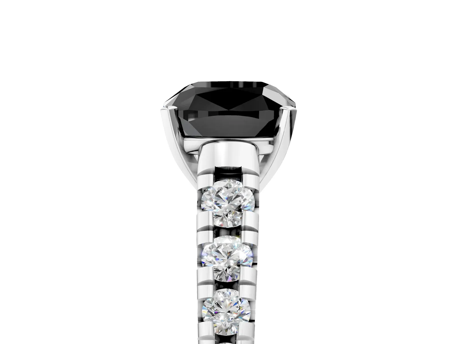 Fancy Black Cushion Cut Diamond Cathedral Solitaire Ring with Round Pavé Band Platinum